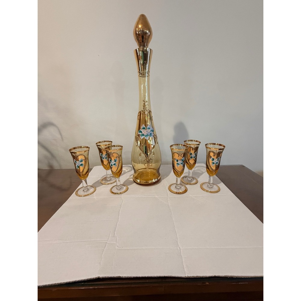 Vintage Italian‎ Amber Glass Decanter Set 6 Glasses 24K Gold Floral Hand Painted